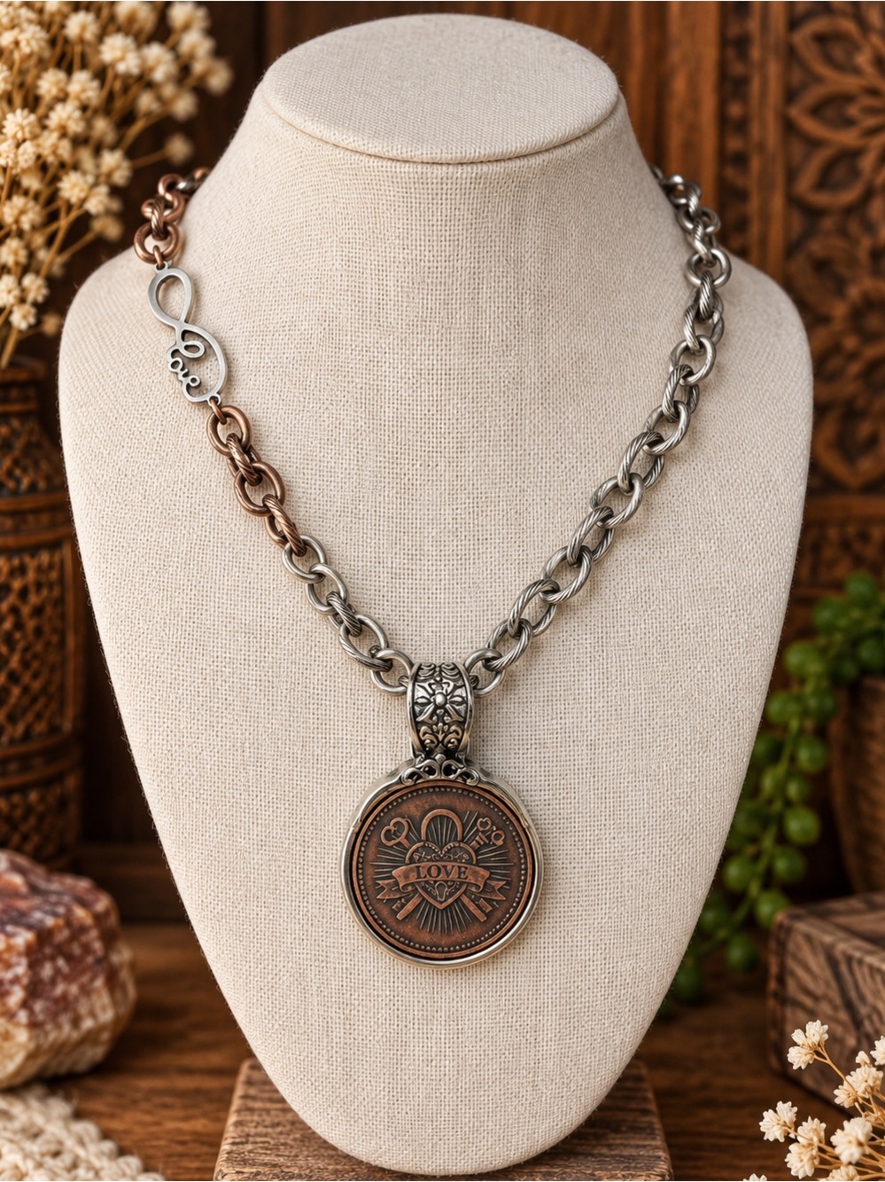 🤎 Antique Silver & Copper LOVE Coin Necklace
